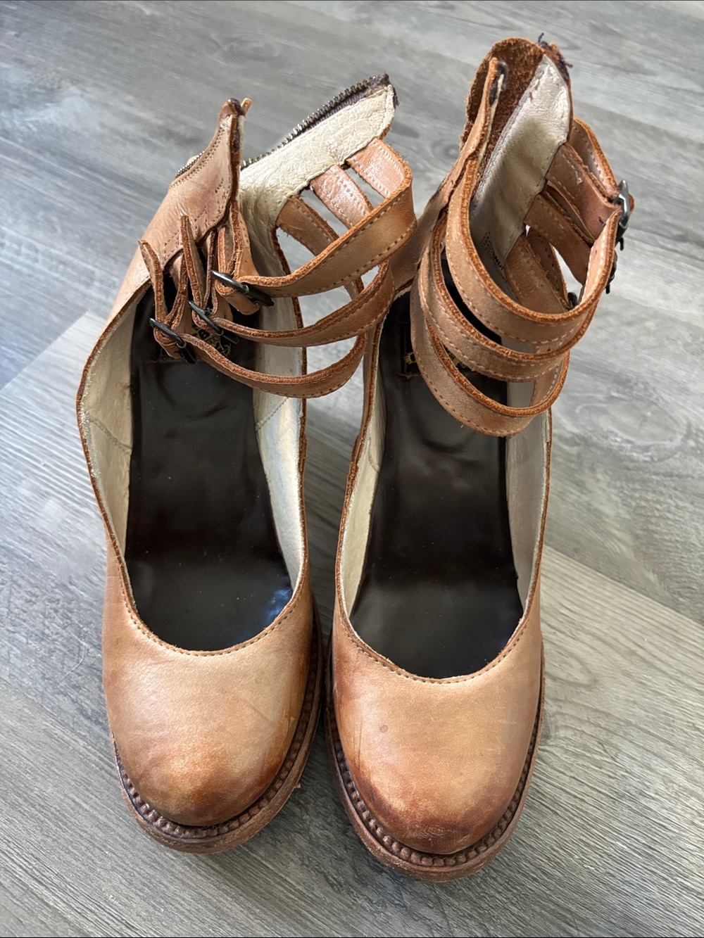 freebird Tan Strappy Ankle Wedge Pumps
